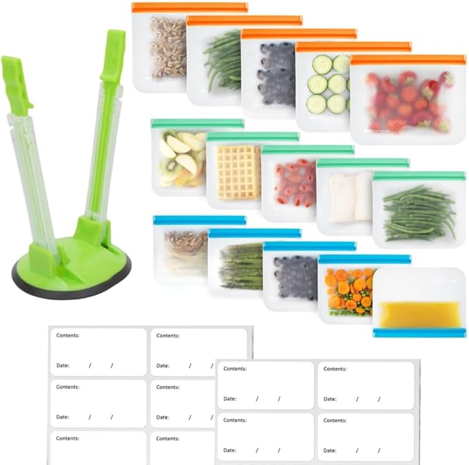 MHSEcoFriendly® Meal Prep Storage Kit - 15 Reusable Freezer Bags, Baggy Rack, & 20 Strong Freezer Labels | BPA-Free, Leakproof, & Multipurpose Food Storage