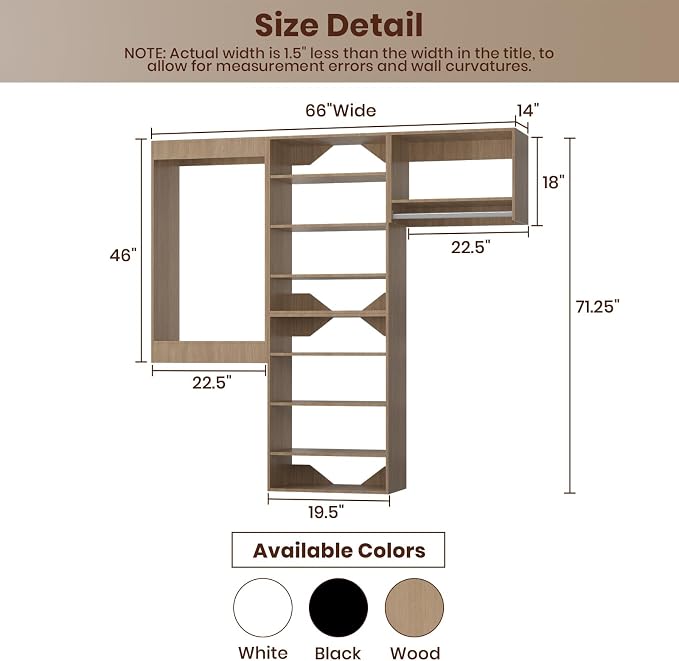 ROOMTEC Modular Closet System, 66" Wall-Mounted Closet Organizer with Hanging Rods, Modern Wooden Tower for Walk-In Closets, Wardrobe Storage Kit, Wood