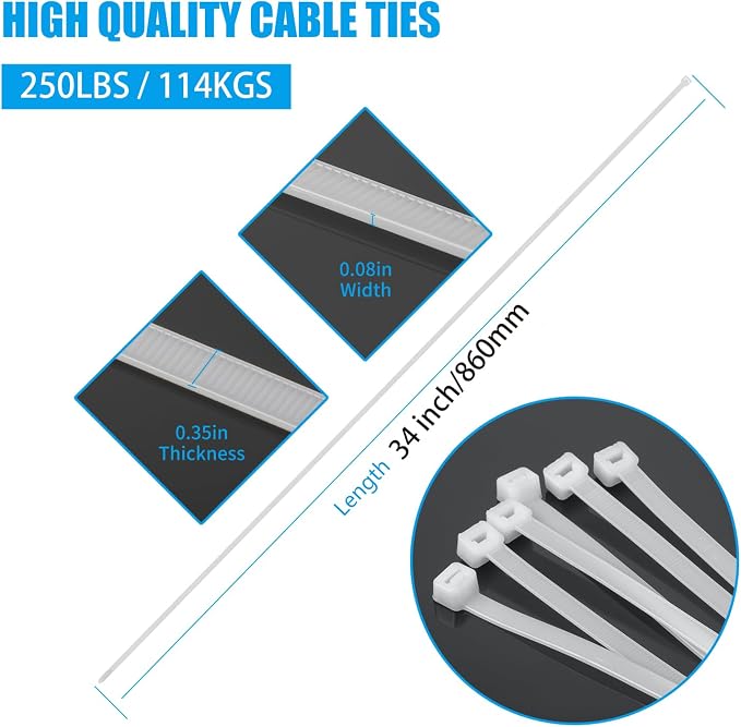 Armpow 34 inch White Zip Ties Heavy Duty 40 PCS, 250LBS Ultra Exclusive Strong Plastic Wire Ties, Large Cable Ties Extra Long Tie Wraps, Indoor and Outdoor UV Resistant