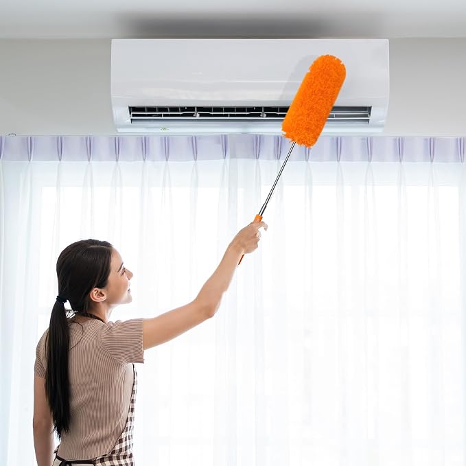 Tanlade 1 Pcs Microfiber Feather Duster for Cleaning, Extendable 13-31 Inch Ceiling Fan Duster with Bendable Head, Washable Tools for Ceiling Fans, Furniture, Car, Cobwebs (Orange)