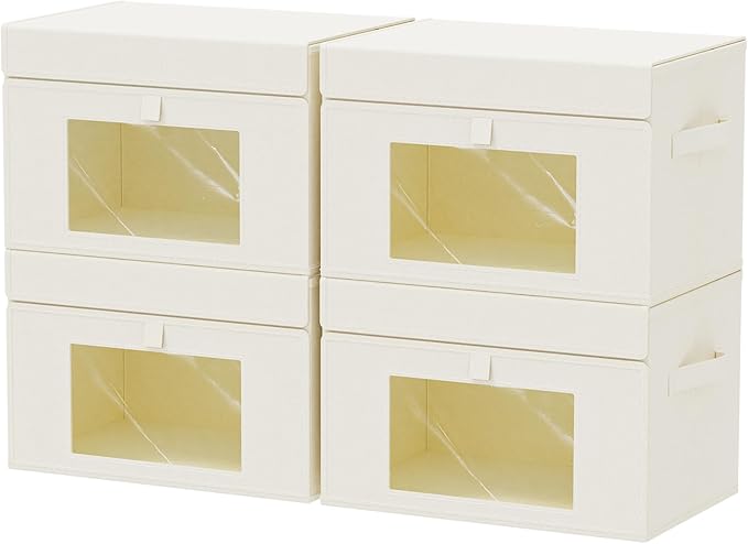 Transparent Window Storage Bin, Cube Organizer Basket with Flip-Top Lid and 2 Handles, Decorative Boxes with Cover, 4 Pack, Beige, 15 x 9.8 x 9.8 In, XSNY17BEL-4