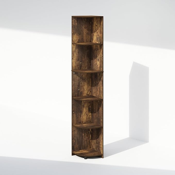 Furinno Basic Book Shelf, 5-Tier Bookshelf, Bookcase with Multipurpose Corner Shelf, 12 x 12 x 70.8, for Living Room, Bedroom, Home Office, Amber Pine