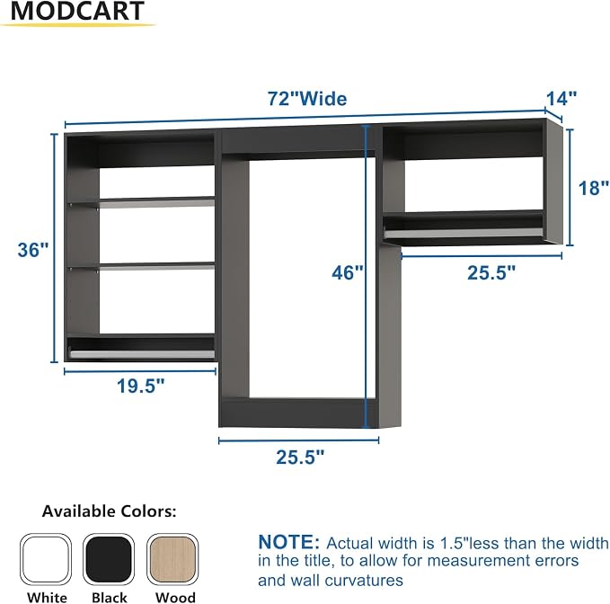 Modular Closet System, 72" Wide Closet Organizer System with Hanging Shelving , Wood Tower Closet Storage for Walk In Closets, Wall Mounted Wardrobe Organizer Kit System, Bedroom, Black