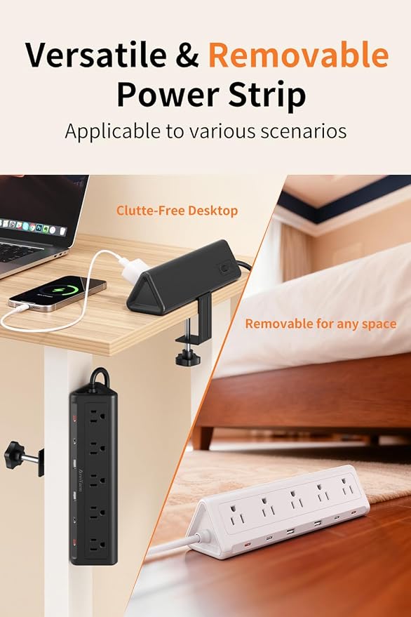 10 FT Desk Clamp Power Strip with 5 AC Outlets & 6 USB Ports PD 40W USB-C Fast Charging, Extension Cord with Multiple Outlets, Fits 2.1 in top Edge Black