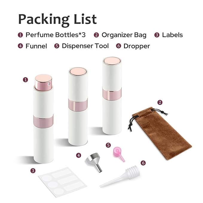 LISAPACK 8ML Atomizer Perfume Spray Bottle for Travel (3 PCS) Empty Cologne Dispenser, Portable Sprayer (White)