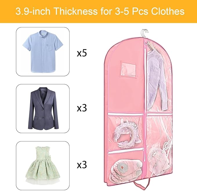 Clear Dance Costume Garment Bag for Dancers,40 inch Garment Bag for Dance Competitions with 5 Clear Zipper Pockets for Dance Costumes,Garment Bags for Hanging Clothes Travel Storage (Pink)