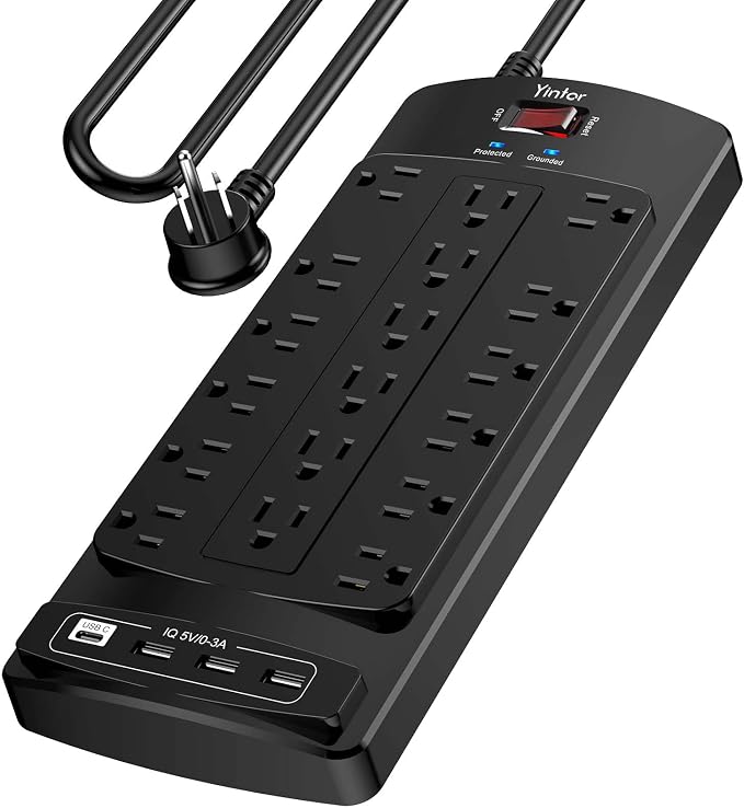 Surge Protector Power Strip, Yintar 10 Feet Flat Plug Heavy Duty Extension Cord with 18 Widely Outlets and 4 USB Ports, 2100 Joules, ETL Listed, Black