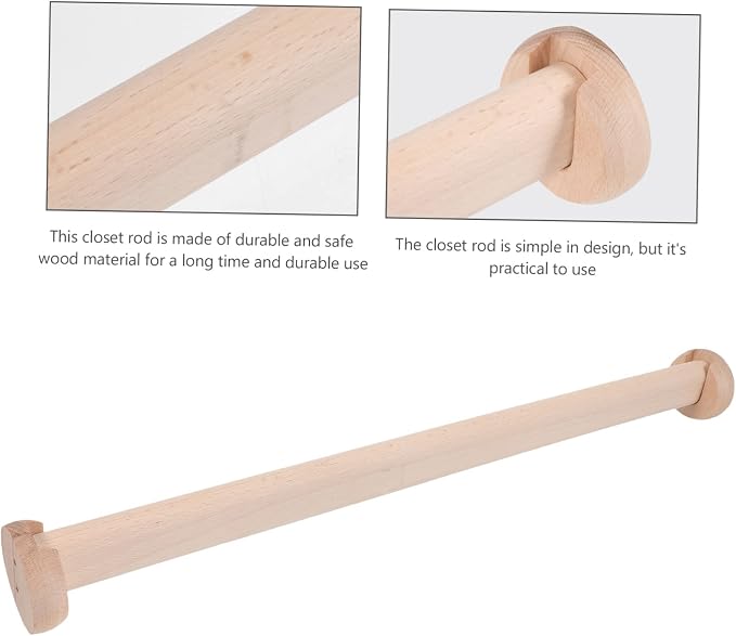 Wooden Closet Rod for Wardrobe 72-144 Inch Adjustable Clothes Hanging Rail Flange Support Solid Beech Wood for Organizing Bedroom and Closet Spaces