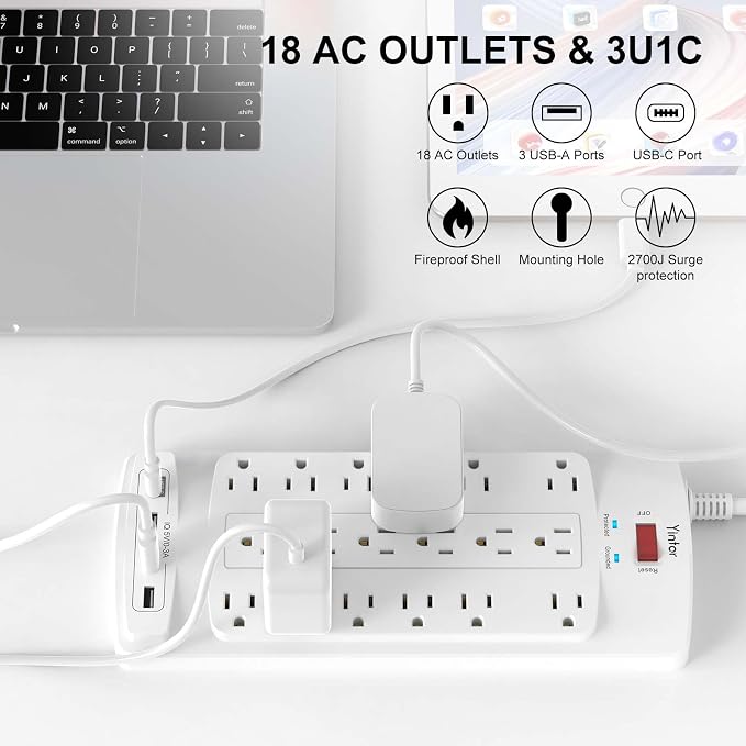 Surge Protector Power Strip, Yintar 10 Feet Flat Plug Heavy Duty Extension Cord with 18 Widely Outlets and 4 USB Ports, 2100 Joules, ETL Listed, White