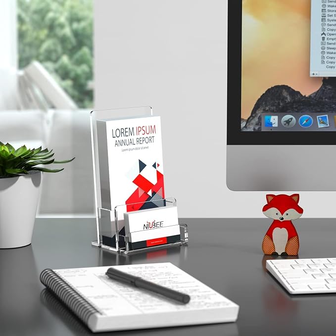 NIUBEE 6-Pack Acrylic Brochure Holder 4‘’ , Clear Brochure Display Stand with Acrylic Business Card Holder, Plastic Flyer Display Stand for Magazine, Pamphlet, Booklets, Menu, Journals, Business Card