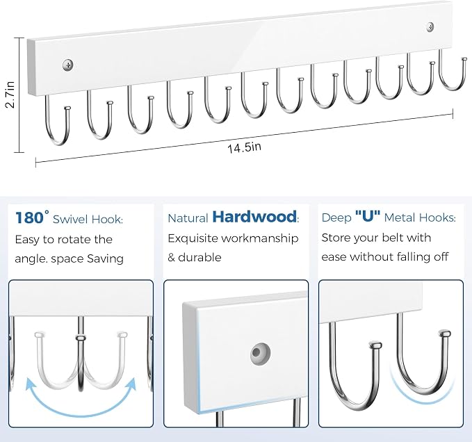 Belt Hanger Wall Mounted, Wooden Belt Organizer Max 12 Storage Capacity, 180° Rotating Space Saving Hangers for Ties, Tank Tops, Scarves, Bras, Keys, Bags White 1 Pack