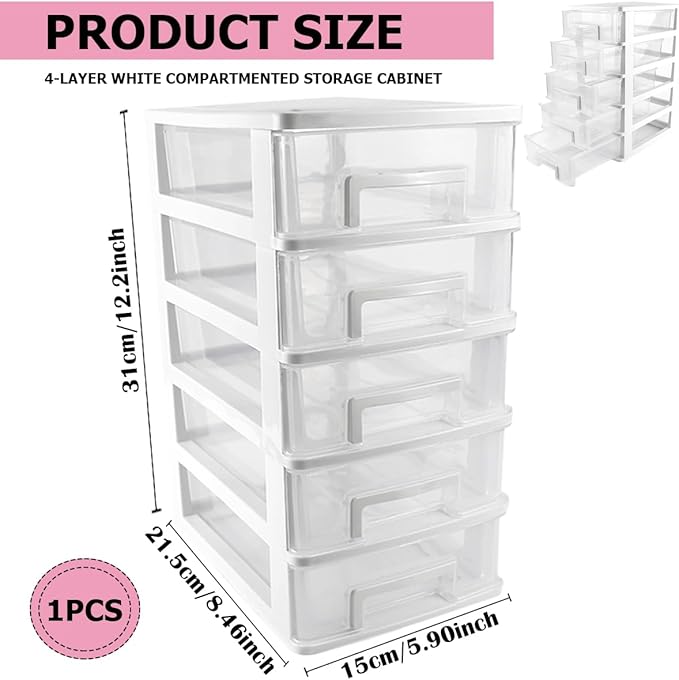 5 Tier Plastic Drawer Type Closet,Portable Storage Cabinet Sundries Storage Cosmetics Jewelry Storage Box for Home Office（White）
