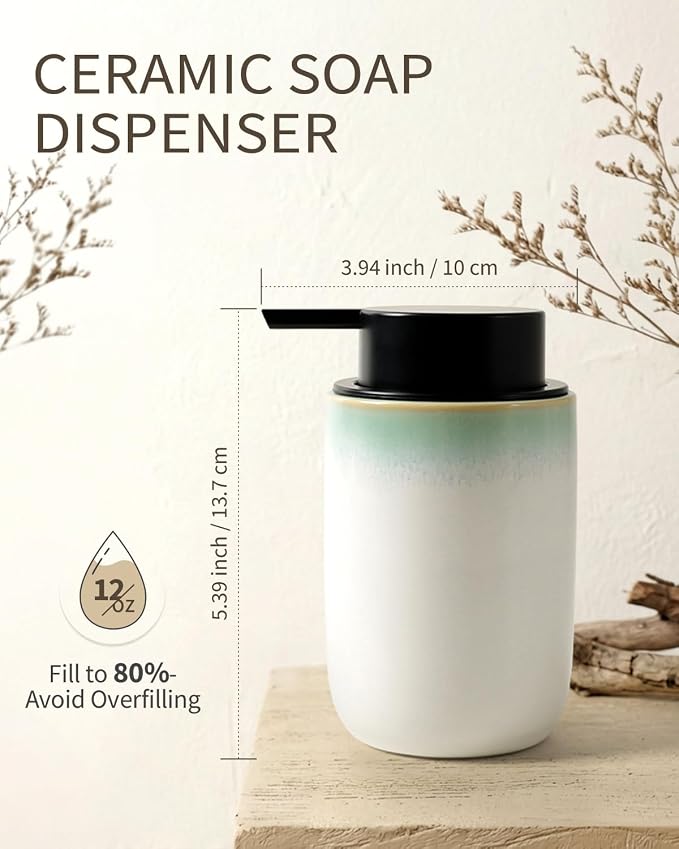 BosilunLife Hand Soap Dispenser for Kitchen, Bathroom Countertop | Foam Soap Dispenser Bathroom Ceramic Dish Liquid Soap Dispenser (White with Blue-Green Rim Liquid Pump)