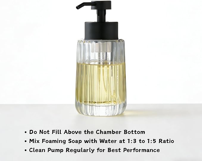 Easy Tang Glass Foaming Soap Dispenser with Black Pump, 12 OZ Vintage-Inspired Modern Glass Refillable Bottle, Hand Soap for Bathroom Countertop and Kitchen
