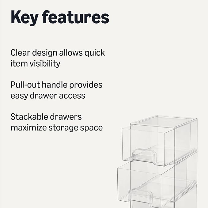 Amazon Basics Stackable Plastic Storage Makeup Organizer Drawers, Clear, 7.5" x 6" x 4.5", 4-Pack
