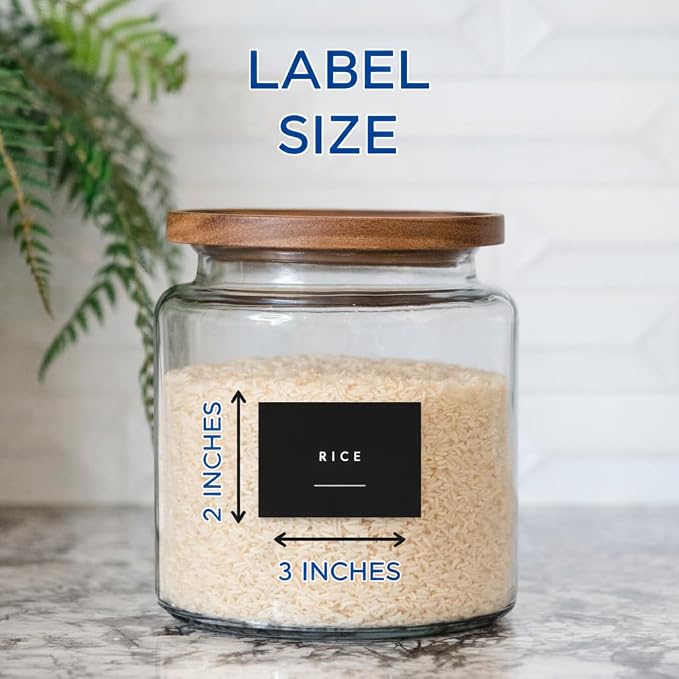 Pantry Labels, 130 Preprinted Vinyl Stickers for Food Containers, Water Resistant, 2 x 3 inches, Minimalist Labels for Organizing, Food Label for Jars, Storage Bins (Black)