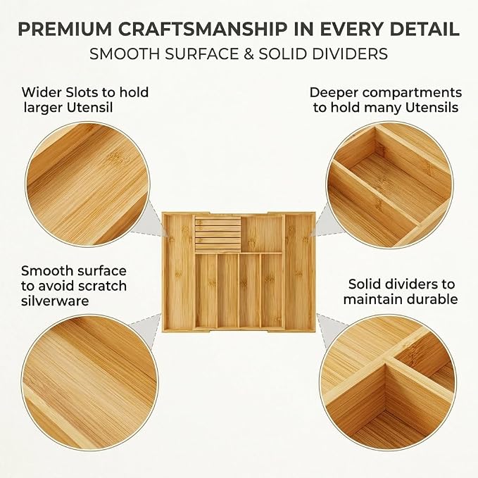 FUSHITON Expandable Bamboo Utensil Organizer with Built-In Knife Block, 7 Compartments, Adjustable Drawer Divider for Kitchen