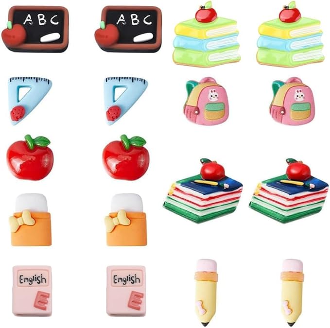 SUNNYCLUE 1 Box 36Pcs 9 Styles Resin Cabochons Teacher's Day Charms Cute Flatback School Study Supplies Mini Ruler Eraser Pencil Notebook Cabochon for Scrapbooking Embellishments DIY Craft Hairpins