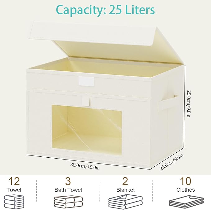 Storage Bins with Lids, Cube Organizer Basket with Window, Closet Boxes with Carrying 2 Handles and Sturdy PP Support Plate, 2 Pack, Beige, 15 x 9.8 x 9.8 In, XSNY17BEL-2