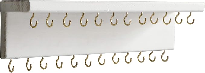 SANY DAYO HOME Jewelry Organizer with 24 Hooks and Cosmetics Shelf, 12 x 3 x 4 inches Wall Mounted Rustic Pine Wood Holder for Necklaces and Bracelets, Suitable for Kids and Adults (Retro White)