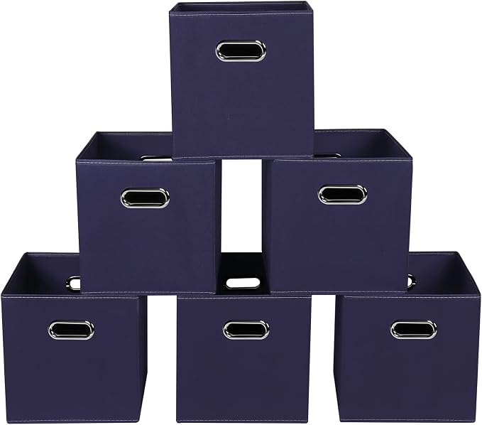 Navy Blue Fabric Storage Bins, 11x11x11, Set of 6, Foldable Cube Bins for Cloth or Accessory Storage