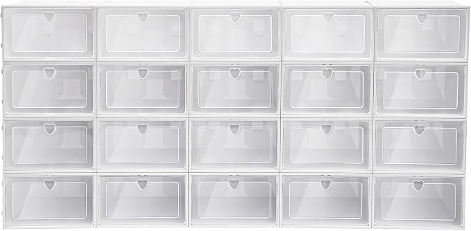 Yykniey 20 Pack Shoe Storage Boxes, Clear Plastic Stackable Shoe Organizer for Closet, Foldable Shoe Container with Heart Vent, Space Saving for Under Bed Entryway, Fits Shoes up to Size 10