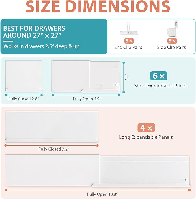 Adjustable Drawer Dividers for Small & Junk Drawers - Standard Kit | Double set + 2 extra panels; slim interlocking grid for vanity, desk & bathroom; 3D guide shows where pieces go; tool-free