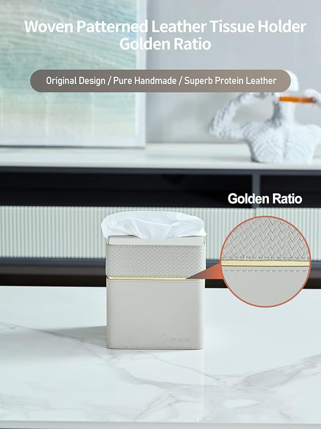 Tissue Box Holder Cover Square, Modern PU Leather Decorative Tissue Cube Holder Organizer - Woven Pattern Grey