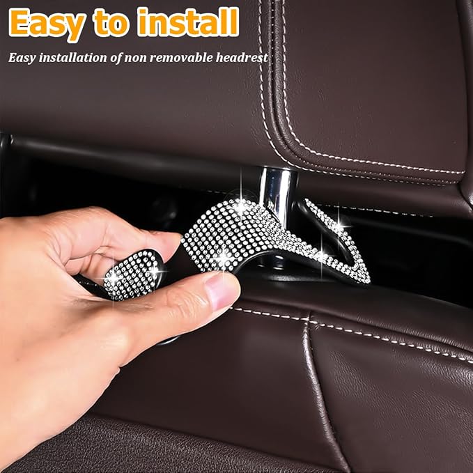 Zpana 4PCS Bling Car Seat Headrest Hooks, Vehicle Back Seat Purse Handbag Hanging Holder with Crystal Rhinestone, Diamond Storage Organizer Hook, Universal Automotive Accessories (Black/AB)