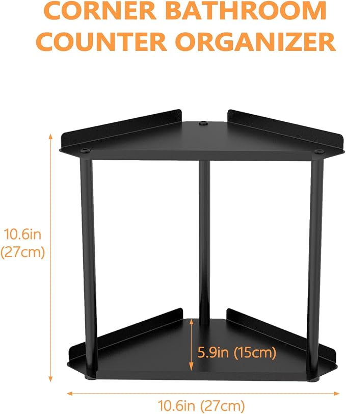 FLE Corner Bathroom Counter Organizer, Bathroom Organizer Countertop Black | 2 Tier Corner Shelf, Tabletop Mount,Waterproof solid shelf fits bathroom toiletries and kitchen condiment storage.
