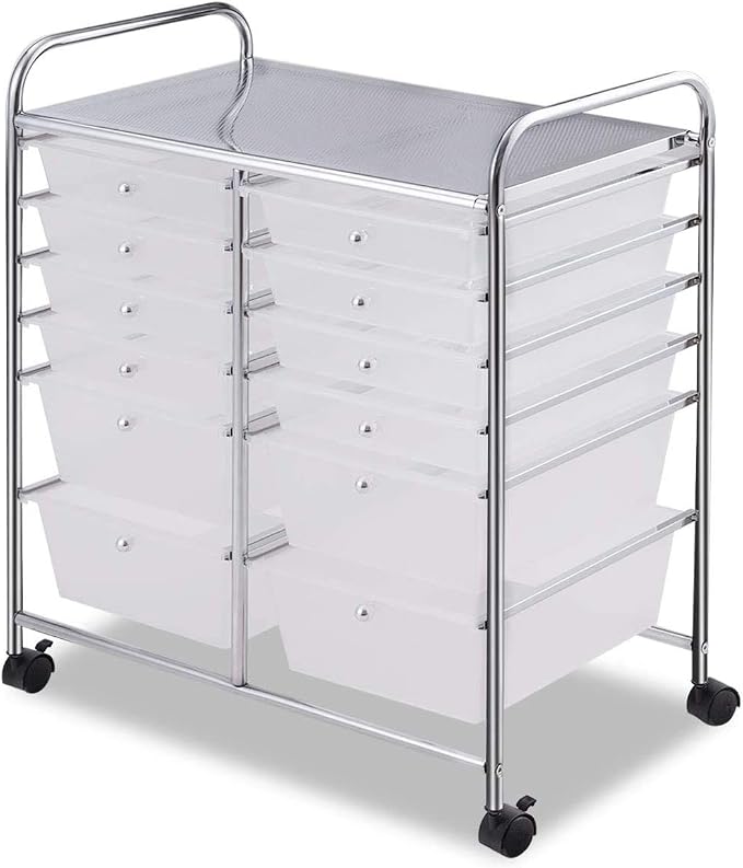 Moccha 12-Drawer Rolling Storage Cart - Under Desk Storage Drawers with wheels for Craft Art Supply Paper Salon, Scrapbook Paper Tools, Mobile Utility Cart for Classroom, Clear