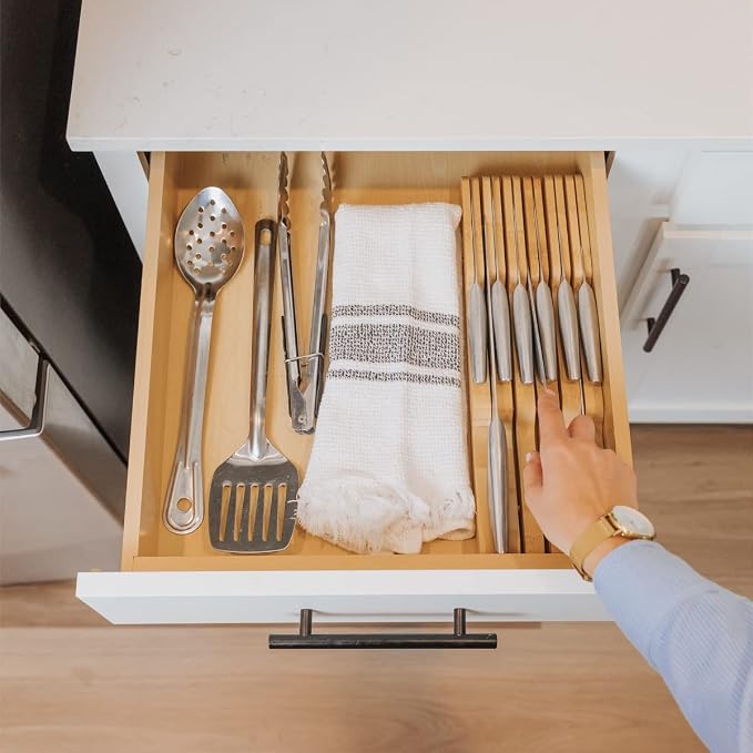 KitchenEdge In-Drawer Knife Block Holder, 11 Slots, Bamboo | Fits most knife sizes, rubber feet, food-safe finish