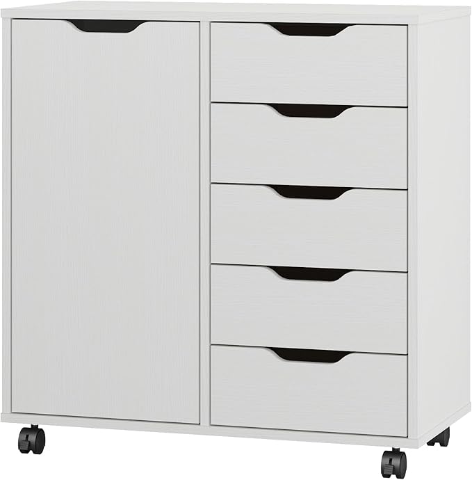 Panana 5-Drawer Chest with 1 Door, Wooden Chest of Drawers Storage Dresser Cabinet with Wheels, Office Organization and Storage, Bedroom Furniture (White-S)