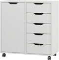 Panana 5-Drawer Chest with 1 Door, Wooden Chest of Drawers Storage Dresser Cabinet with Wheels, Office Organization and Storage, Bedroom Furniture (White-S)