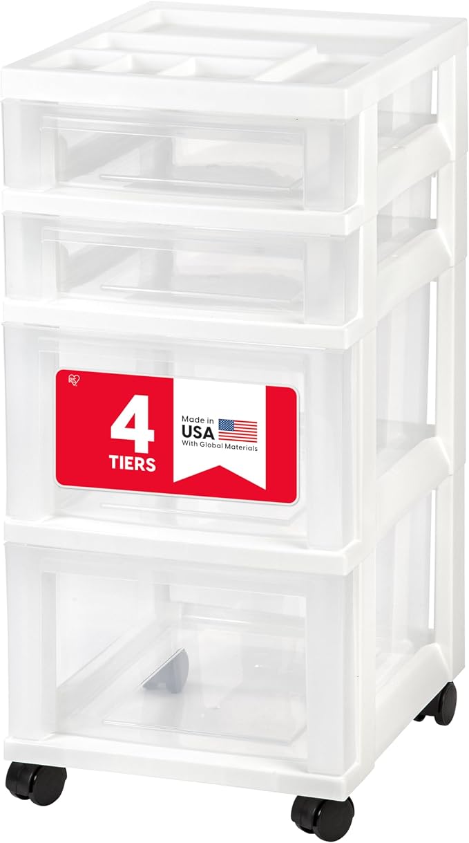 IRIS USA 4-Drawer Rolling Storage Cart, White/Clear | Keep craft supplies, office essentials, classroom items, and accessories organized with easy-access drawers for daily use