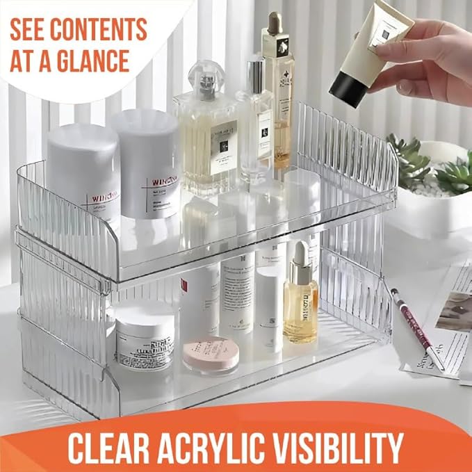 Skywin TidyFriend Stackable Plastic Storage Bins Open Front, 2-Tier Acrylic Pantry Organizer Bins With Linear Design for Kitchen, Toy Organizers and Bathroom Essentials (Clear)