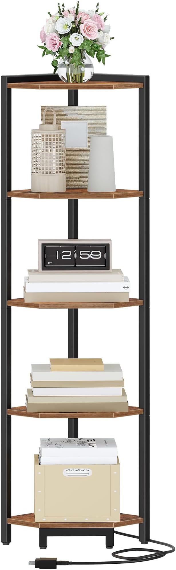 Hzuaneri Corner Shelf with LED Light 6 Tier Corner Bookshelf Standing Shelf | Tall Narrow Display Bookcase with Metal Frame for Small Space, Living Room, Home Office, Bedroom, Rustic Brown CS66501B