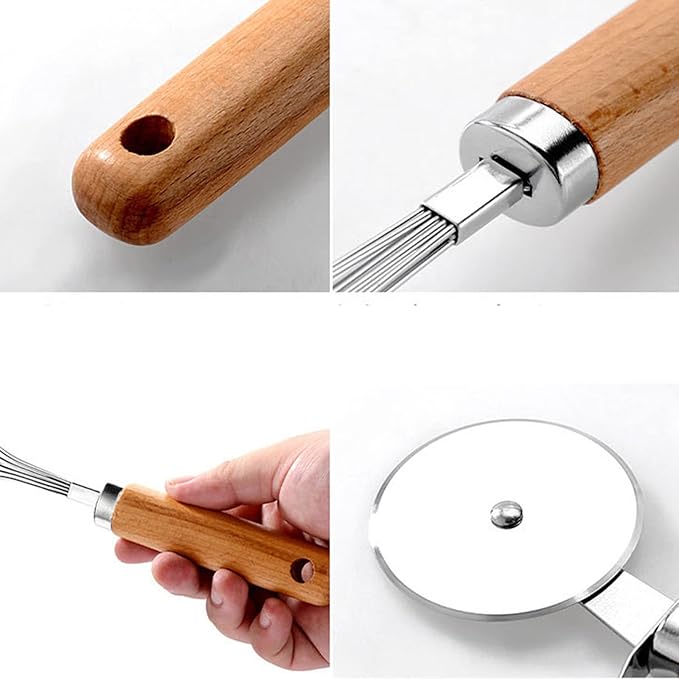 9pcs Kitchen Gadget Set with Wooden Handle, Stainless Steel Cooking Tools Kitchen Accessories Pizza Cutter, Egg Whisk, Vegetable Peeler, Can Opener, Garlic Press