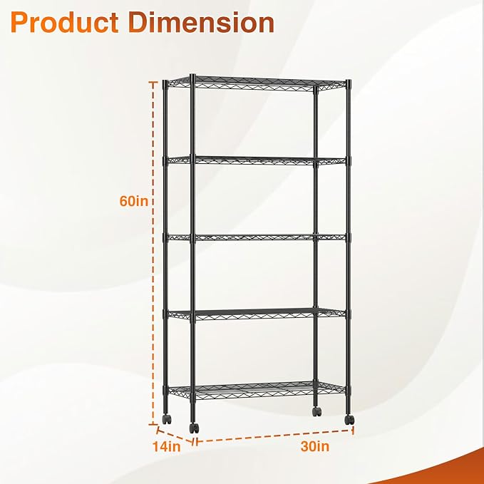 BestOffice | 5-Tier Wire Storage Shelves with Wheels | 14x30x60 | Black | Adjustable Racks | Heavy-Duty Metal Shelf, Holds Upto 220 lbs | No-Tool Assembly | Ideal for Home & Garage Shelving