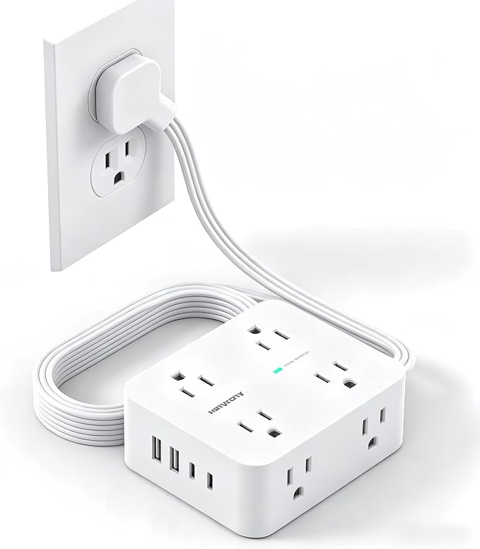 15Ft Long Extension Cord with Ultra-Thin Flat Plug, 8 Widely Spaced Outlets | 4 USB Ports (2 USB C), 1080J Surge Protected Power Strip for Home Office, College Dorm Room Essentials, Wall Mount