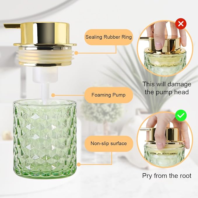 10 Oz Glass Hand Soap Dispenser with Pump, Refillable Bathroom Gold Foaming Soap Dispenser, Vintage Glass Diamond Lotion Container Bottle for Bathroom and Kitchen (1, Green and Gold)