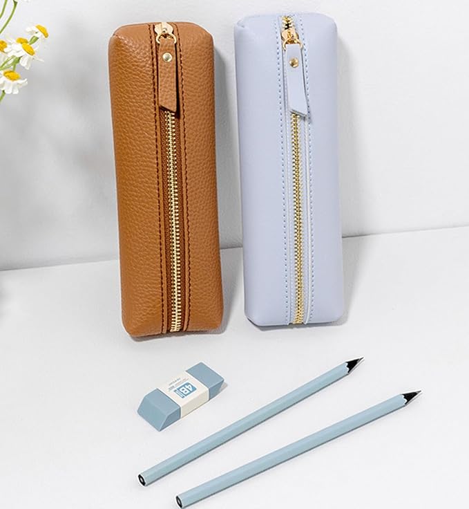 PU Pencil Pen Case Portable Stationery Bag Big Capacity Pencil Pouch Cosmetic Organizer Bag for School Office Woman Man (Brown)