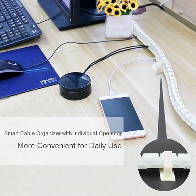 White PC Cable Sleeve Management, VIWIEU Desk Cord Organizer Cable Wrap Tubes 1PCS, 59" Plastic Cable Cover Bundler with Bonus Cable Clips and Electrical Zip Ties for TV Laptop Home Entertainment