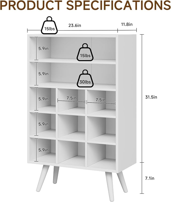 5 Tiers Shoe Storage Cabinet, Stackable Shoe Cubby Wooden Shoe Rack Organizer with 9 Cubbies, 2 Shelves and Legs, 10-15 Pairs, Freestanding Shoe Organizer for Closet, Entryway, Bedroom, White
