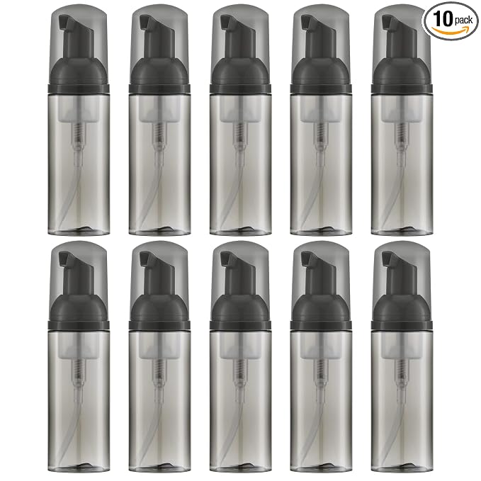 Travel Foam Pump Bottle - 2oz Small Size Foaming Hand Soap Dispenser - Mini Portable Mousse Lash Shampoo Kit Container for Hair - Empty Leak Proof Plastic Black Foamer 10Pack