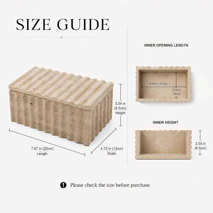 Travertine Storage Box with Lid, Wave Stone Organizer | Lidded design, wave texture, beige travertine pores vary, accessories not included