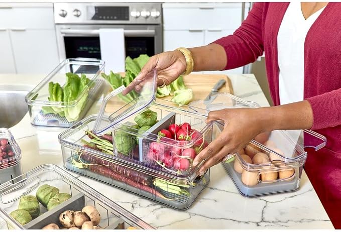 iDesign Crisp Produce Plastic Refrigerator and Modular Stacking Pantry Bin with Lid and Removable Inner Basket, Perfect for Washing Vegetables, Fruit, Lettuce, BPA Free 15.72" x 6.32" x 3.76" | Drain Tray, For Fruits & Veggies, Clear
