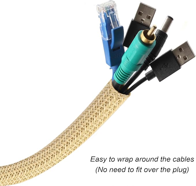 Cable Management Sleeve, Split Design, 25FT - 1 Inch, Beige | Cord Protectors from Pets | Heat & Abrasion Resistant Wire Loom | Automotive Wiring & Home Office Cable Organization
