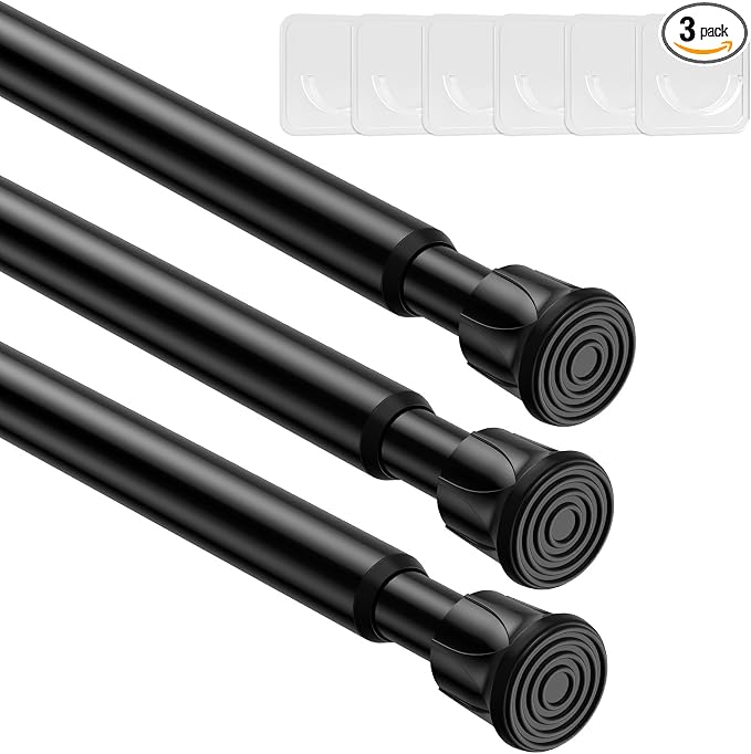 3 Pack Small Tension Rod 26-39 Inch Black Tension Curtain Rod Adjustable Spring Curtain Rods No Drilling Expandable Pressure Curtain Rods for Windows,Closets,Doorway,Kitchen