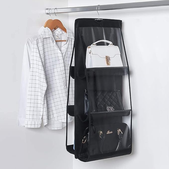 HAN SHENG 6 Pockets Clear Handbag & Purse Organizer Hanging Bag Storage - Space Saving Hanging Shelf for Closet, Wardrobe, Over Door (1 Pack, Black)